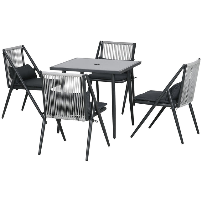 5-teiliges Terrassenset in Dunkelgrau, Tisch und Stühle, Schirmloch