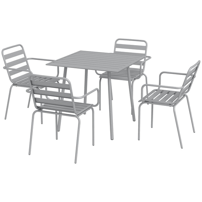 Gartenmöbel-Set – Esstisch aus Stahl & 4 Stühle, hellgrau