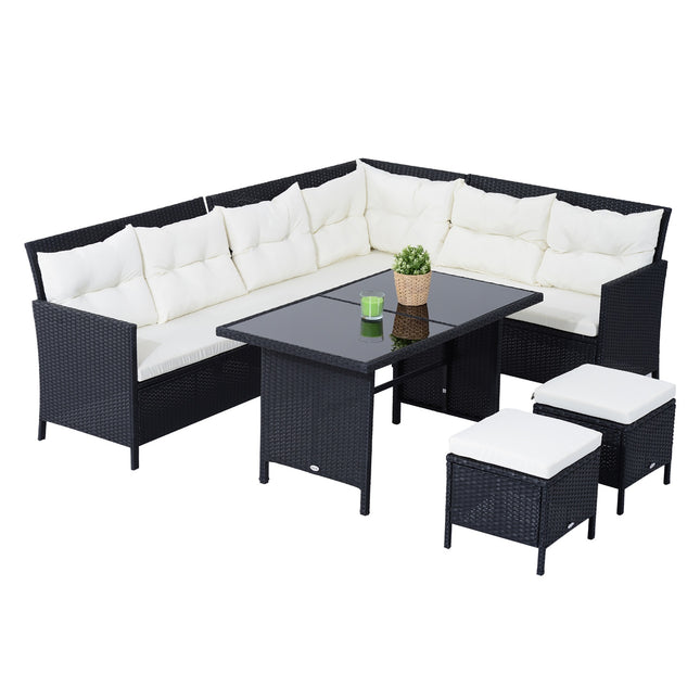Gartensofa-Set, 7-Sitzer, Polyrattan, Schwarz/Creme/Weiß