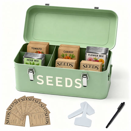 Seed Storage Box with 3 Compartments, 30 Seed Packets, 30 Plant Labels, Sage