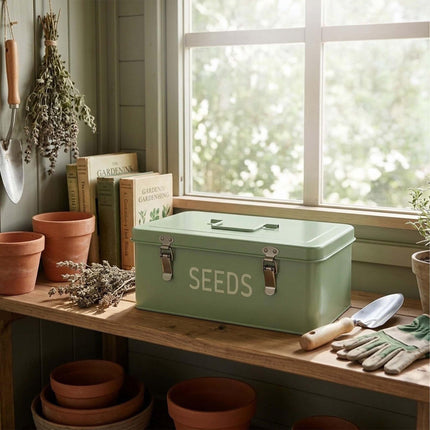 Seed Storage Box with 3 Compartments, 30 Seed Packets, 30 Plant Labels, Sage