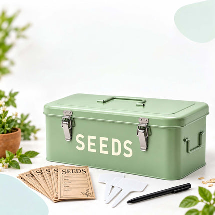 Seed Storage Box with 3 Compartments, 30 Seed Packets, 30 Plant Labels, Sage