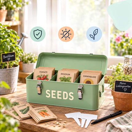 Seed Storage Box with 3 Compartments, 30 Seed Packets, 30 Plant Labels, Sage