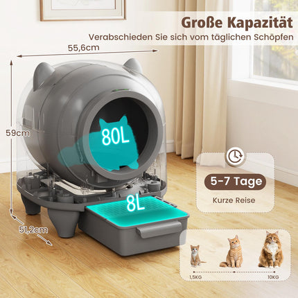 Selbstreinigendes Katzenklo, 80L, App-gesteuert, Geruchskontrolle
