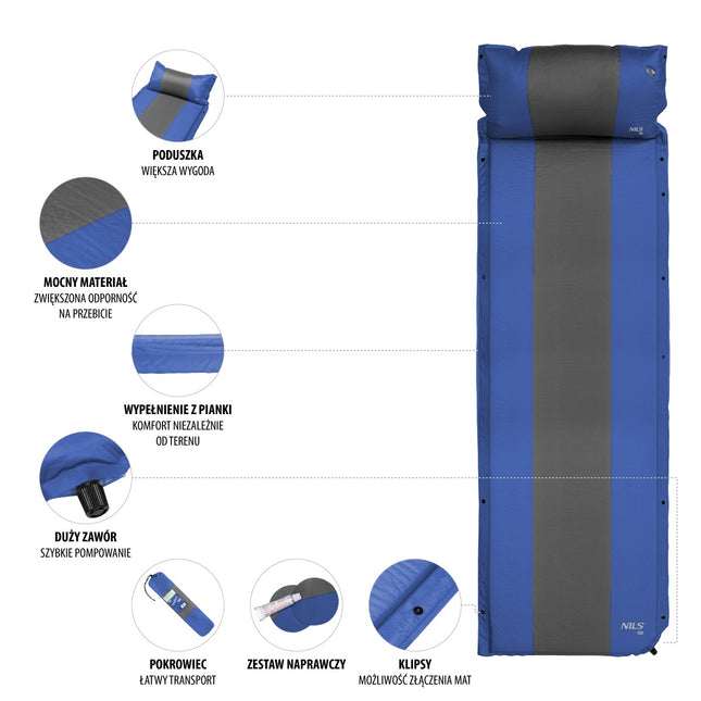 Selbstaufblasbare Campingmatte mit Kissen, Blaugrau