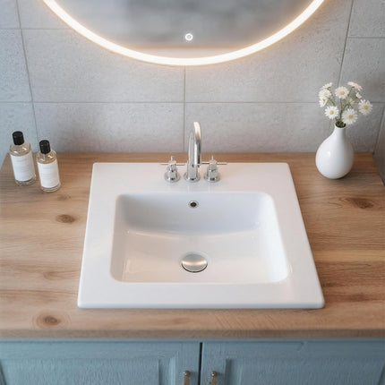 Semi-Recessed Bathroom Sink 510x465mm, White Ceramic, 3-Hole Overflow