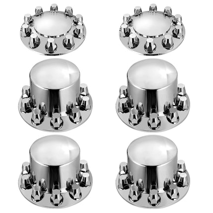 Semi Truck Axle Hub Covers, 2 Front and 4 Rear, 10-Hole Rims, Silver