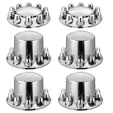 Semi Truck Axle Hub Covers, 2 Front and 4 Rear, 10-Hole Rims, Silver