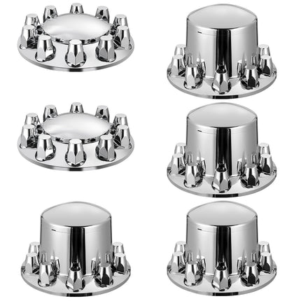 Semi Truck Axle Hub Covers, 2 Front and 4 Rear, 10-Hole Rims, Silver