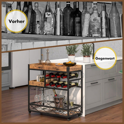 Serving Trolley 3 Tier Rolling Bar Trolley with Removable Tray 80 x 40 x 83 cm Rustic Brown