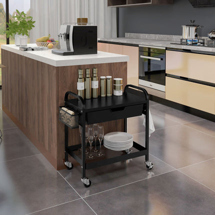 Kitchen serving trolley with drawer, shelf & hooks