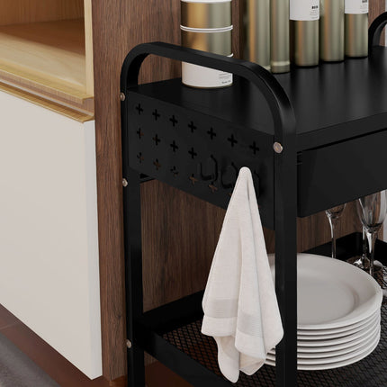 Kitchen serving trolley with drawer, shelf & hooks