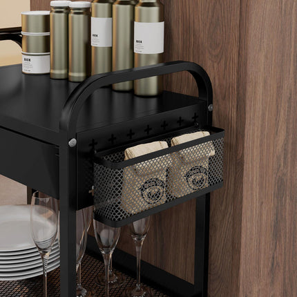Kitchen serving trolley with drawer, shelf & hooks