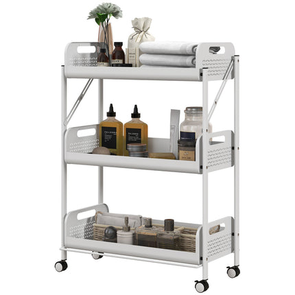 Desserte de service à 3 niveaux, chariot de rangement pliable, desserte de cuisine avec paniers en filet, acier, blanc