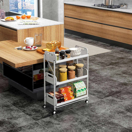 Desserte de service à 3 niveaux, chariot de rangement pliable, desserte de cuisine avec paniers en filet, acier, blanc