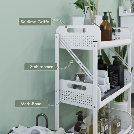 Desserte de service à 3 niveaux, chariot de rangement pliable, desserte de cuisine avec paniers en filet, acier, blanc