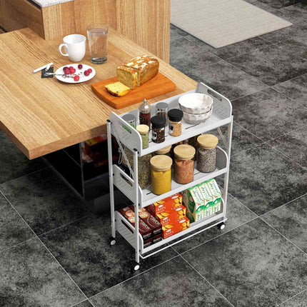 Desserte de service à 3 niveaux, chariot de rangement pliable, desserte de cuisine avec paniers en filet, acier, blanc