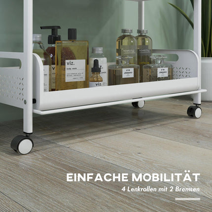 Desserte de service à 3 niveaux, chariot de rangement pliable, desserte de cuisine avec paniers en filet, acier, blanc