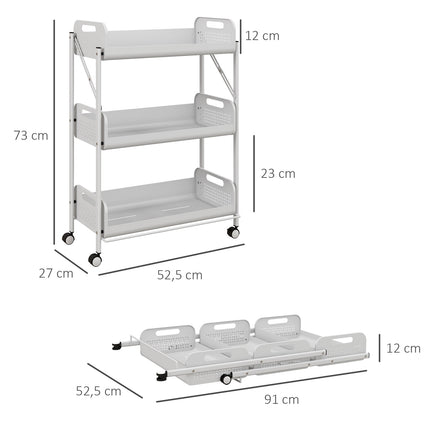 Desserte de service à 3 niveaux, chariot de rangement pliable, desserte de cuisine avec paniers en filet, acier, blanc