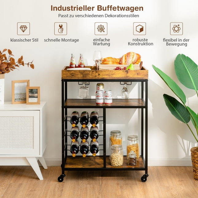 Servierwagen mit Rollen &amp; Weinregal &amp; Weinglashalter Küchenwagen Rustikal Braun