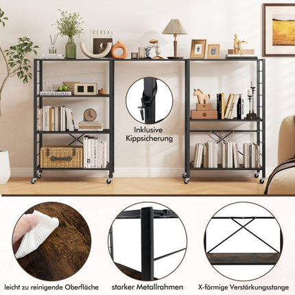 Serving trolley foldable 4 levels kitchen trolley with removable wheels 76 x 36 x 122 cm black + rustic brown