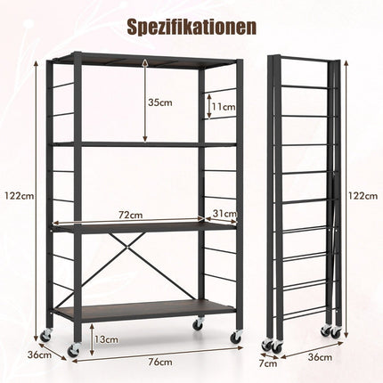 Serving trolley foldable 4 levels kitchen trolley with removable wheels 76 x 36 x 122 cm black + rustic brown