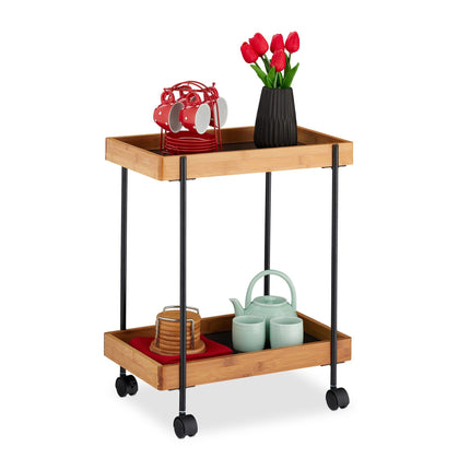 Serving trolley in black bamboo with 2 shelves
