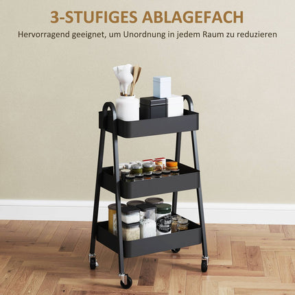 Schwarzer 3-stöckiger Küchenwagen mit Rollen und Bremse