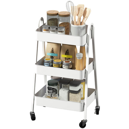 Desserte à 3 niveaux, desserte de cuisine à roulettes, poignée, desserte avec frein, étagère de cuisine, desserte de cuisine, desserte tout usage pour cuisine, bureau, salle de bain, blanc