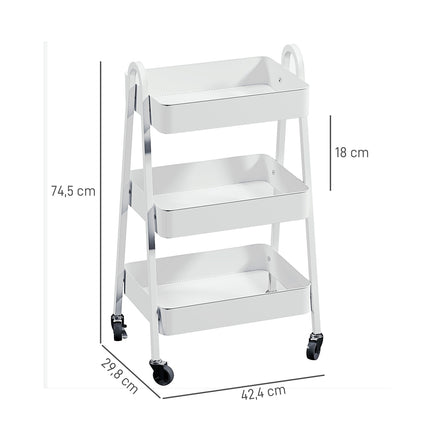 Desserte à 3 niveaux, desserte de cuisine à roulettes, poignée, desserte avec frein, étagère de cuisine, desserte de cuisine, desserte tout usage pour cuisine, bureau, salle de bain, blanc