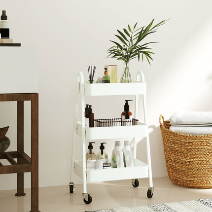 Desserte à 3 niveaux, desserte de cuisine à roulettes, poignée, desserte avec frein, étagère de cuisine, desserte de cuisine, desserte tout usage pour cuisine, bureau, salle de bain, blanc