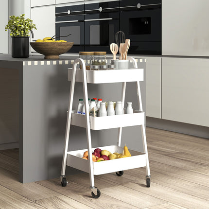 Desserte à 3 niveaux, desserte de cuisine à roulettes, poignée, desserte avec frein, étagère de cuisine, desserte de cuisine, desserte tout usage pour cuisine, bureau, salle de bain, blanc