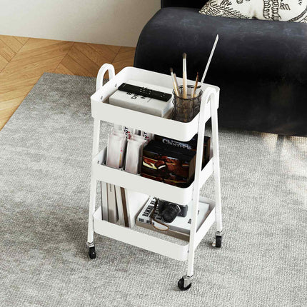 Desserte à 3 niveaux, desserte de cuisine à roulettes, poignée, desserte avec frein, étagère de cuisine, desserte de cuisine, desserte tout usage pour cuisine, bureau, salle de bain, blanc