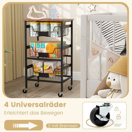 Servierwagen mit Rädern Gemüseregal mit ausziehbaren Körben Wagen mit 4 Ebenen 42 x 31 x 74 cm