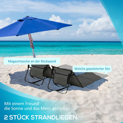 Lot de 2 tapis de plage, chaise longue pliable, chaise longue réglable, matelas de plage avec sac de transport, sac à magazines, acier, Oxford