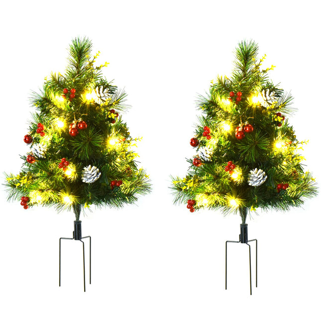 Sada 2 ks mini vánočních stromků se šiškami a LED osvětlením