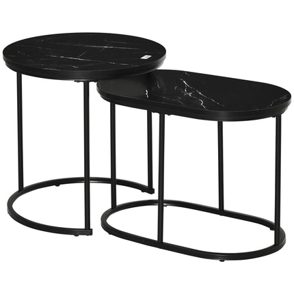 Set of 2 stackable round coffee tables, faux marble, black