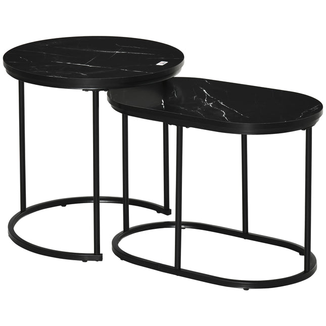 Set of 2 stackable round coffee tables, faux marble, black