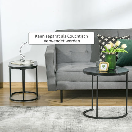 Set of 2 stackable round coffee tables, faux marble, black