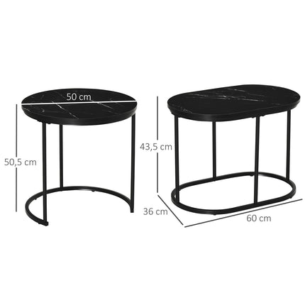 Set of 2 stackable round coffee tables, faux marble, black