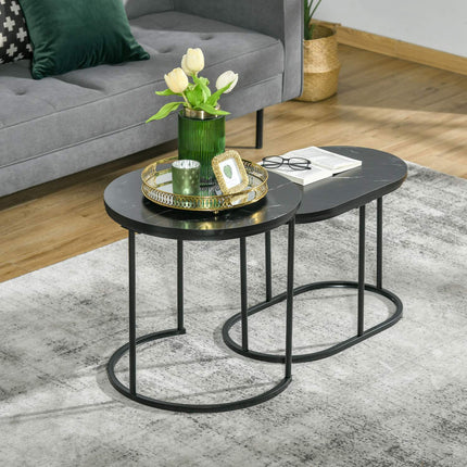 Set of 2 stackable round coffee tables, faux marble, black