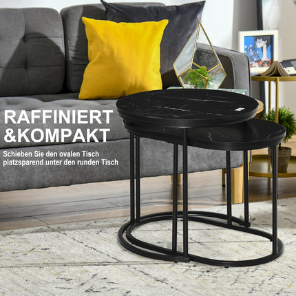 Set of 2 stackable round coffee tables, faux marble, black