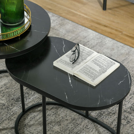 Set of 2 stackable round coffee tables, faux marble, black