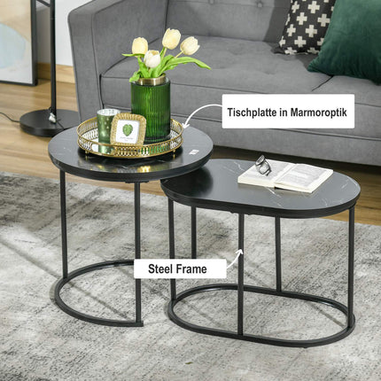 Set of 2 stackable round coffee tables, faux marble, black