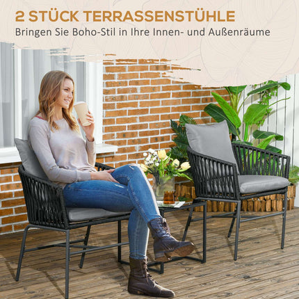 Set of 2 Boho garden chairs with cushions, metal frame