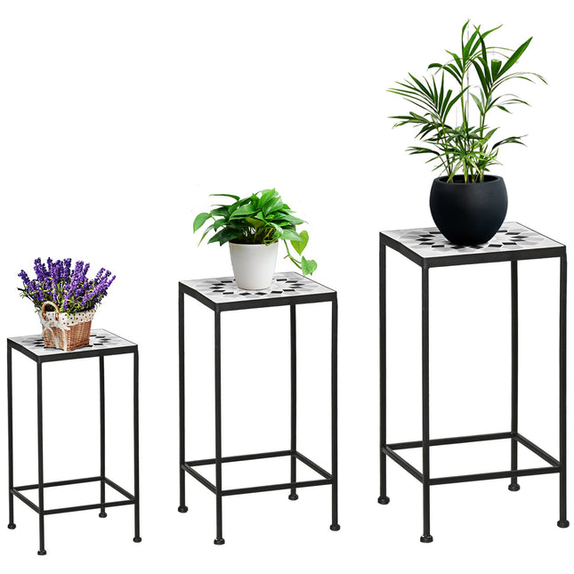 3er-Set Pflanzenständer aus schwarzem und grauem Metall mit Keramikplatten