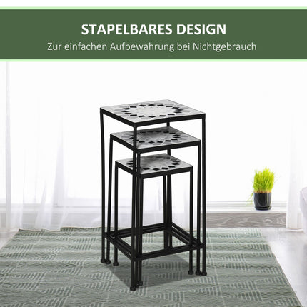 3er-Set Pflanzenständer aus schwarzem und grauem Metall mit Keramikplatten