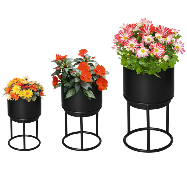 3er Set schwarze, stapelbare Blumenständer mit Töpfen