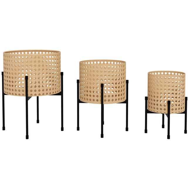 Goldfarbenes Pflanzensäulen-Set im Rattan-Look, für drinnen/draußen, 3-teilig