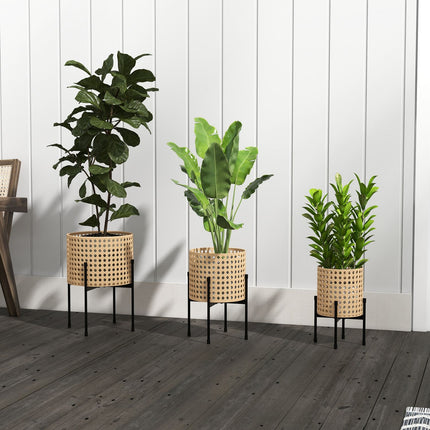Goldfarbenes Pflanzensäulen-Set im Rattan-Look, für drinnen/draußen, 3-teilig